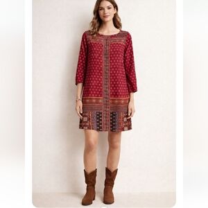 LOFT Petite Boho Tunic Dress | Small Petite | Red Ethnic Print